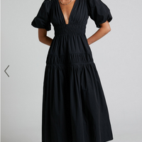 Showpo Mellie Midi Dress - Puff Sleeve Plunge Tiered Dress