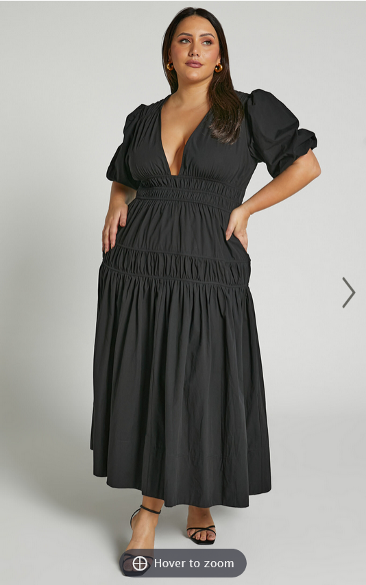 Showpo Mellie Midi Dress - Puff Sleeve Plunge Tiered Dress