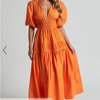 Showpo Mellie Midi Dress - Puff Sleeve Plunge Tiered Dress