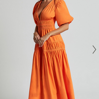 Showpo Mellie Midi Dress - Puff Sleeve Plunge Tiered Dress