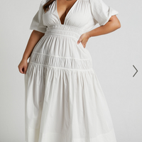 Showpo Mellie Midi Dress - Puff Sleeve Plunge Tiered Dress