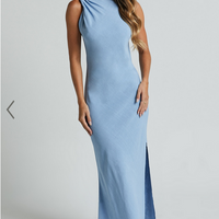 Showpo Jessenia Midi Dress - Linen Look High Neck Dress