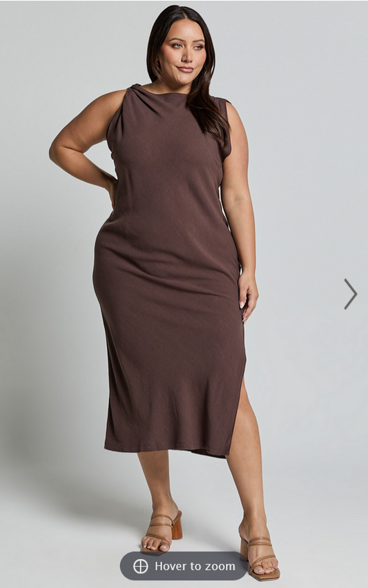 Showpo Jessenia Midi Dress - Linen Look High Neck Dress