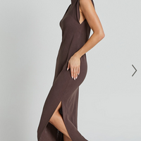 Showpo Jessenia Midi Dress - Linen Look High Neck Dress