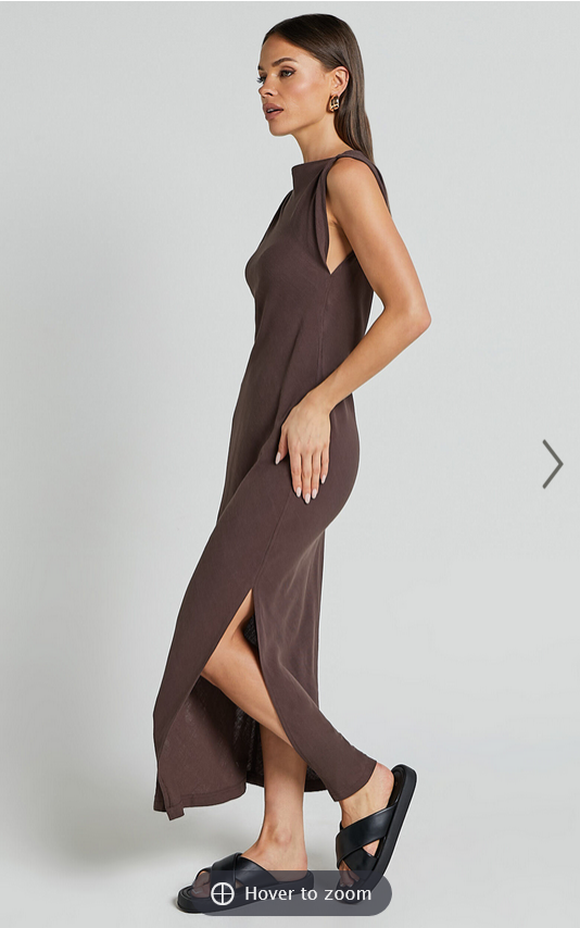 Showpo Jessenia Midi Dress - Linen Look High Neck Dress