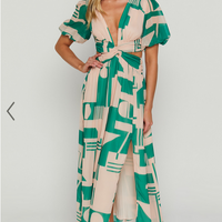 Showpo Lindey Midi Dress - Side Cut Plunge Neck Puff Sleeve Dress in Green and Cream Geo