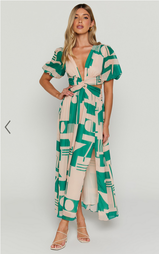 Showpo Lindey Midi Dress - Side Cut Plunge Neck Puff Sleeve Dress in Green and Cream Geo