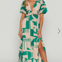 Showpo Lindey Midi Dress - Side Cut Plunge Neck Puff Sleeve Dress in Green and Cream Geo