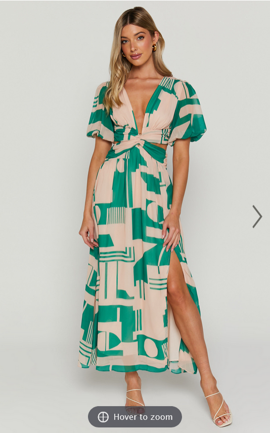 Showpo Lindey Midi Dress - Side Cut Plunge Neck Puff Sleeve Dress in Green and Cream Geo