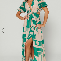 Showpo Lindey Midi Dress - Side Cut Plunge Neck Puff Sleeve Dress in Green and Cream Geo