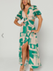 Showpo Lindey Midi Dress - Side Cut Plunge Neck Puff Sleeve Dress in Green and Cream Geo