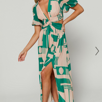 Showpo Lindey Midi Dress - Side Cut Plunge Neck Puff Sleeve Dress in Green and Cream Geo