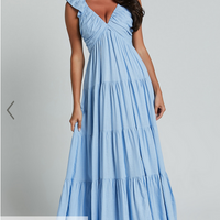 Showpo Nicollee Midi Dress - Plunge Neck Sleeveless Tiered Dress in Blue