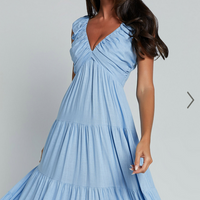 Showpo Nicollee Midi Dress - Plunge Neck Sleeveless Tiered Dress in Blue