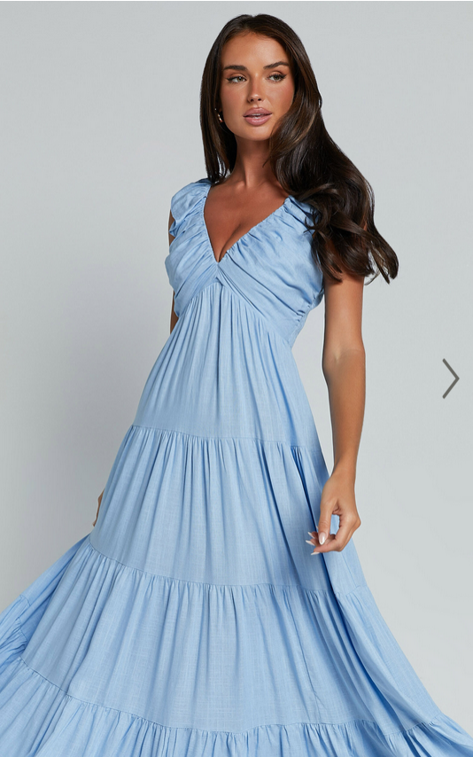 Showpo Nicollee Midi Dress - Plunge Neck Sleeveless Tiered Dress in Blue