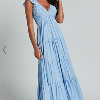 Showpo Nicollee Midi Dress - Plunge Neck Sleeveless Tiered Dress in Blue