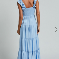 Showpo Nicollee Midi Dress - Plunge Neck Sleeveless Tiered Dress in Blue