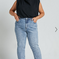 Showpo Billie Jeans - High Waisted Recycled Cotton Mom Denim Jeans in Mid Blue Wash