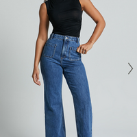 Showpo Vancouver Jeans - High Waist Straight Leg Patch Pocket Denim Jeans in Mid Blue Wash