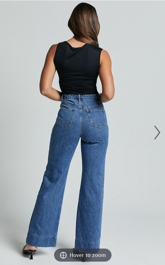 Showpo Vancouver Jeans - High Waist Straight Leg Patch Pocket Denim Jeans in Mid Blue Wash