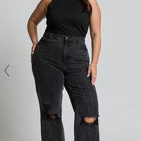 Showpo Miho Jeans - High Waisted Recycled Cotton Distressed Straight Leg Denim Jeans in Washed Black