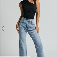 Showpo Wilkins Jeans - High Waisted Straight Leg Cropped Hem Jeans in Mid Blue Wash