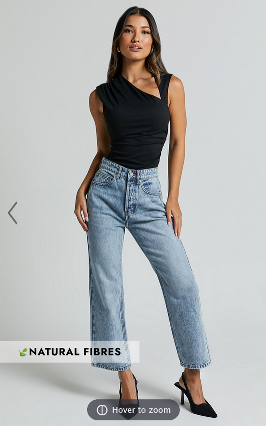 Showpo Wilkins Jeans - High Waisted Straight Leg Cropped Hem Jeans in Mid Blue Wash