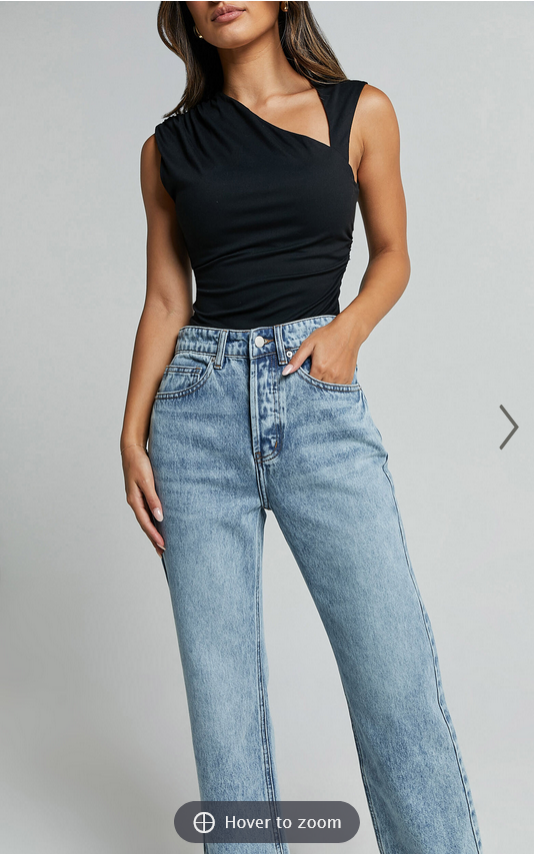 Showpo Wilkins Jeans - High Waisted Straight Leg Cropped Hem Jeans in Mid Blue Wash