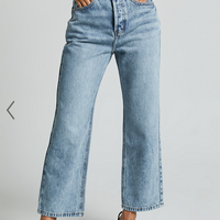 Showpo Wilkins Jeans - High Waisted Straight Leg Cropped Hem Jeans in Mid Blue Wash