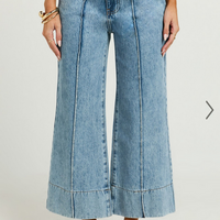 Showpo Jolene Jeans - Mid Rise Wide Leg Recycled Denim Cropped Jeans in Mid Blue Wash