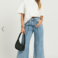 Showpo Jolene Jeans - Mid Rise Wide Leg Recycled Denim Cropped Jeans in Mid Blue Wash