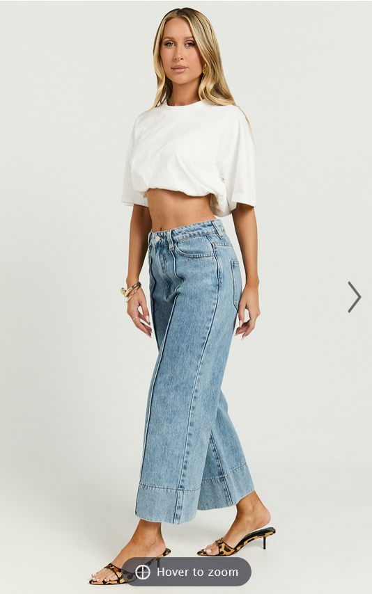 Showpo Jolene Jeans - Mid Rise Wide Leg Recycled Denim Cropped Jeans in Mid Blue Wash