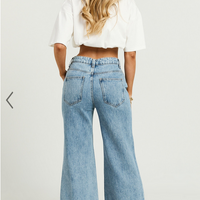 Showpo Jolene Jeans - Mid Rise Wide Leg Recycled Denim Cropped Jeans in Mid Blue Wash