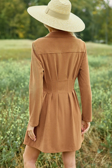 Cupshe Tan Corduroy Collared Long Sleeve Mini Shirt Dress