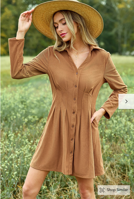 Cupshe Tan Corduroy Collared Long Sleeve Mini Shirt Dress