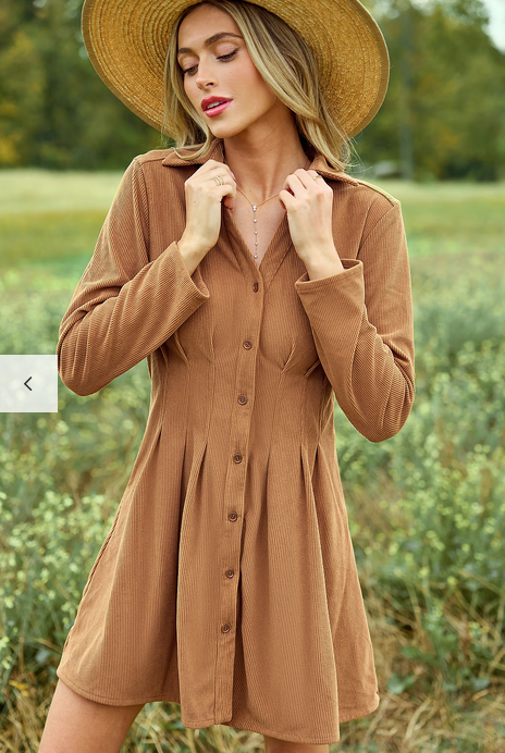 Cupshe Tan Corduroy Collared Long Sleeve Mini Shirt Dress