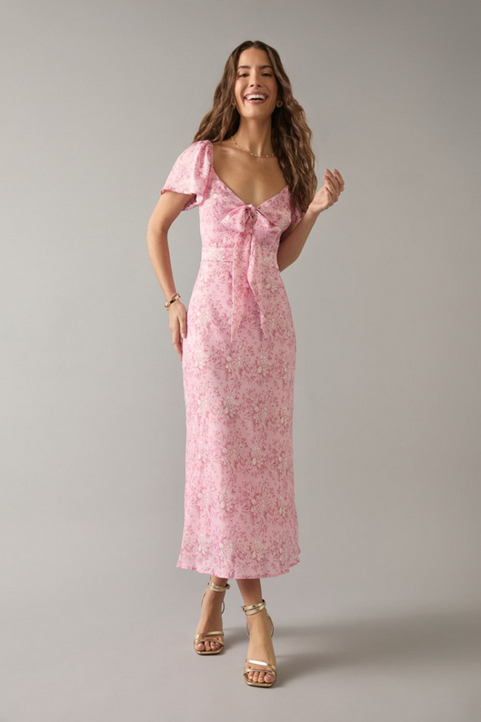 Francesca's Maria Bow Tie Front Silky Floral Midi Dress