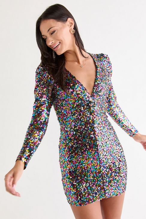 Francesca's Laney Long Sleeve Sequin Mini Dress