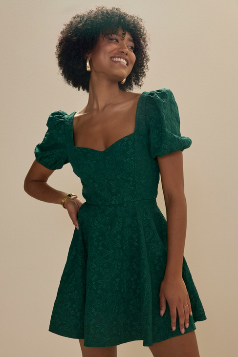 Francesca's Melanie Jacquard Fit And Flare Bow Back Green Mini Dress