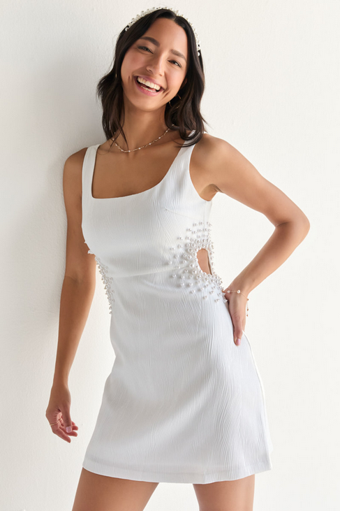 Francesca's Pearl Embellished Side Cutout Mini Sheath Dress