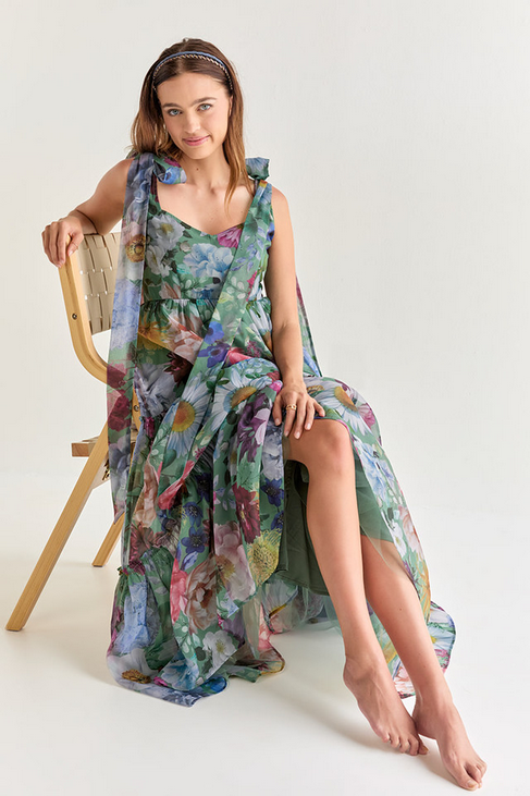 Francesca's Alahna Tie Strap Sage Floral Maxi Dress