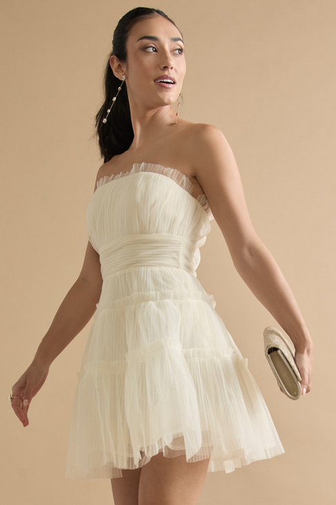 Francesca's Enna Strapless Tule Ruffle Tiered Mini Dress