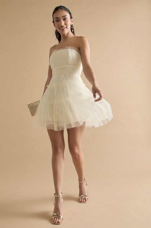 Francesca's Enna Strapless Tule Ruffle Tiered Mini Dress