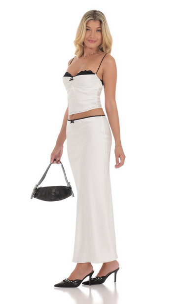 Lucy in the Sky Satin Lace Two Piece Maxi Set in White