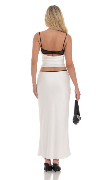Lucy in the Sky Satin Lace Two Piece Maxi Set in White