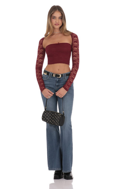 Lucy in the Sky Lace Long Sleeve Top in Burgundy