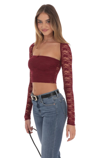 Lucy in the Sky Lace Long Sleeve Top in Burgundy