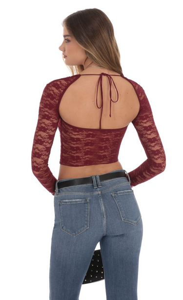 Lucy in the Sky Lace Long Sleeve Top in Burgundy