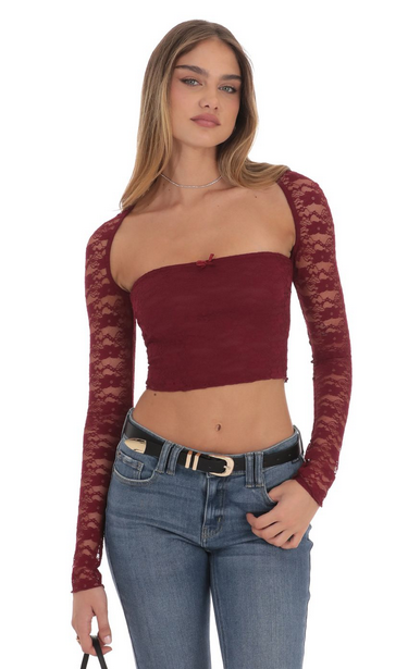 Lucy in the Sky Lace Long Sleeve Top in Burgundy