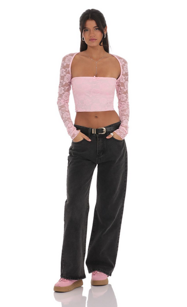 Lucy in the Sky Lace Long Sleeve Top in Pink